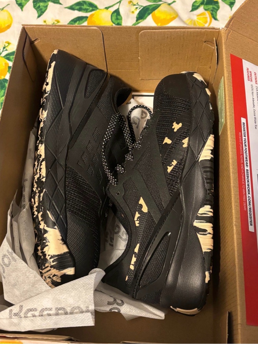 Reebok Black Athletic Shoes with Cream Splatter